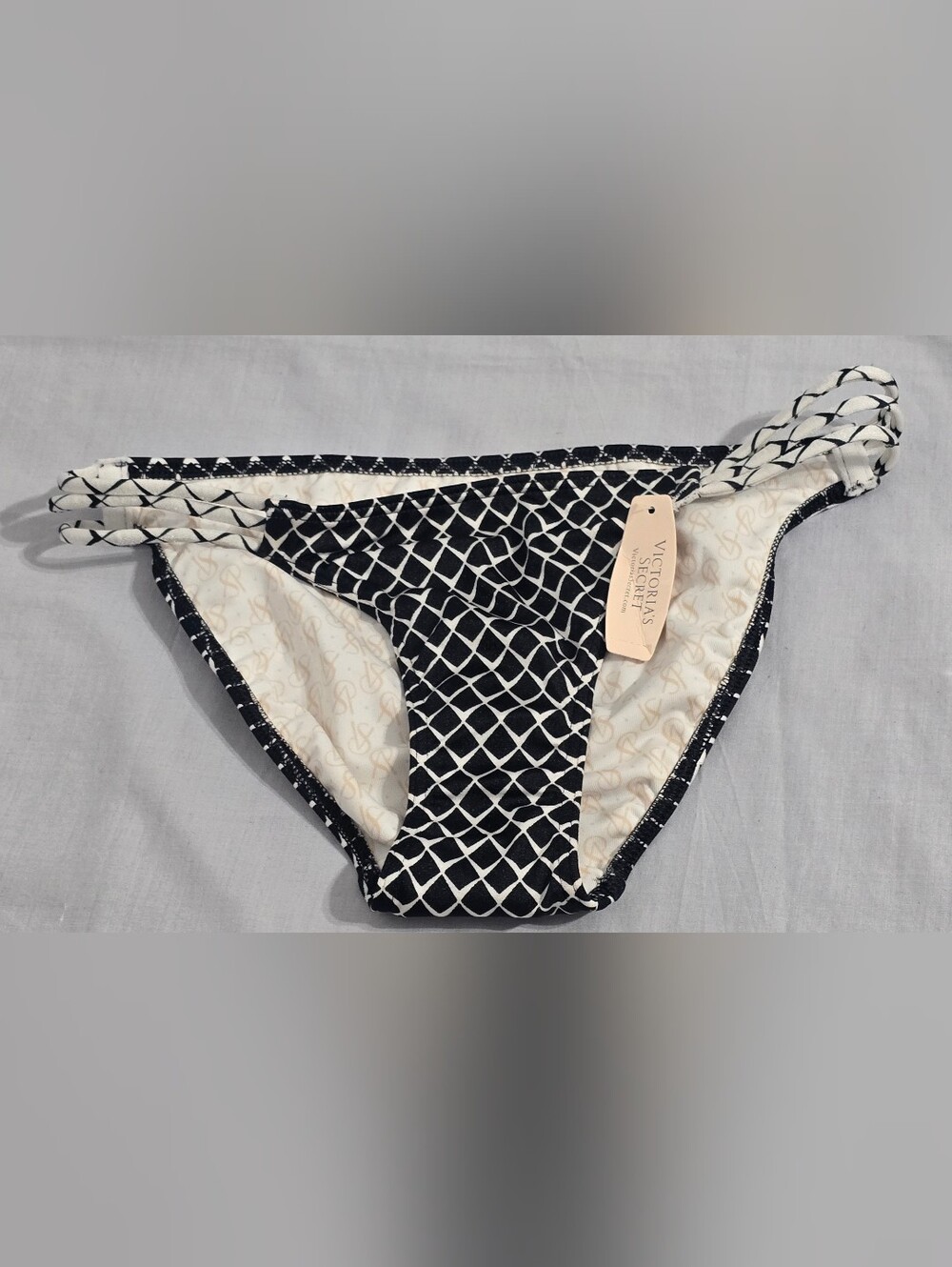 NWT Victoria's Secret Itsy Banded Bikini Bottom Black White Geo Strappy XS
